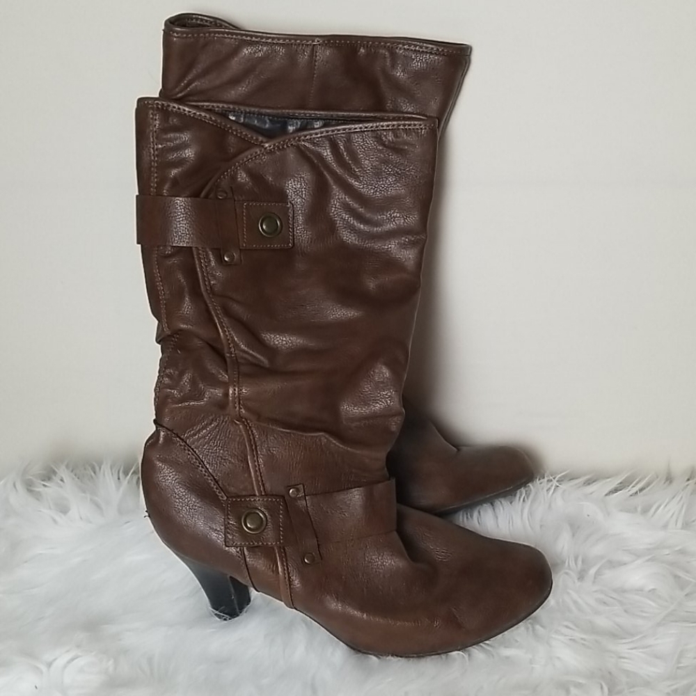Brown Strapped Faux Leather Boots